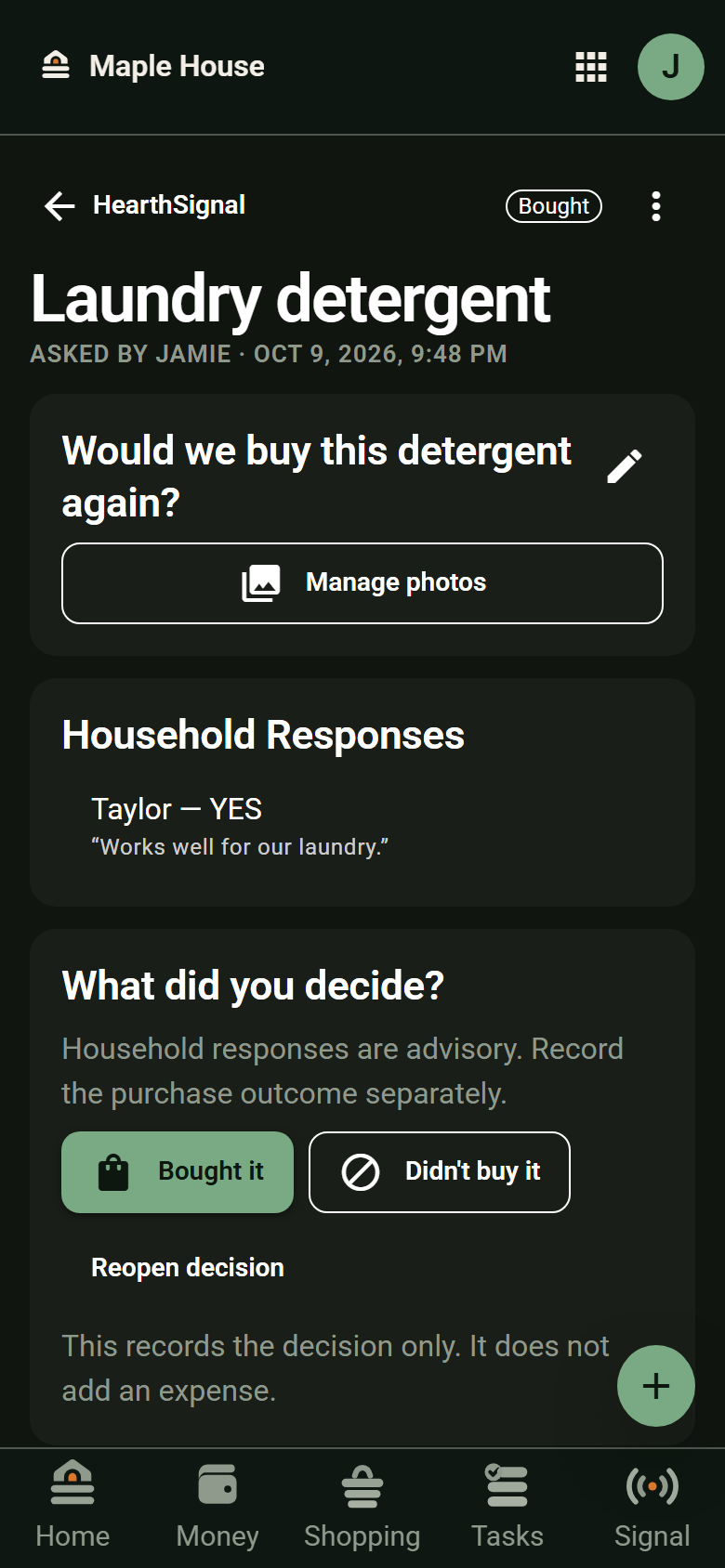 HearthSignal decision screen showing Taylor's Yes response and a Bought outcome for laundry detergent