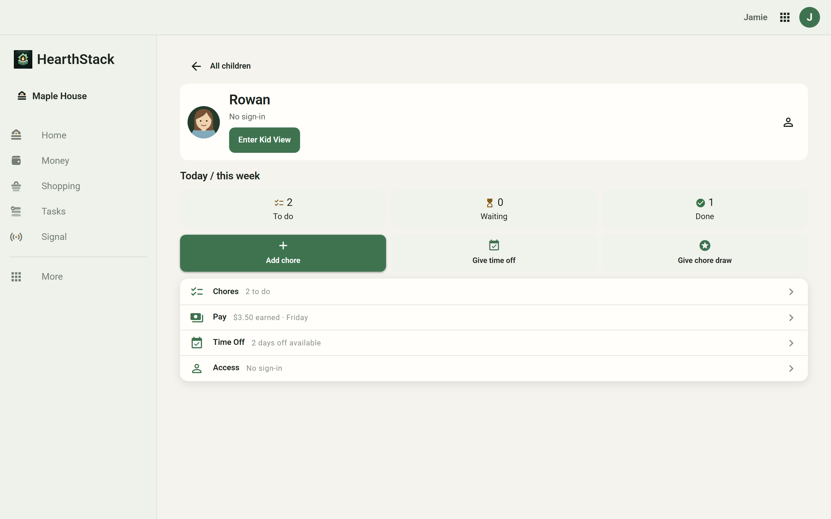 Adult overview for Rowan showing chores to do and done, earned pay, available time off, access settings, and Enter Kid View