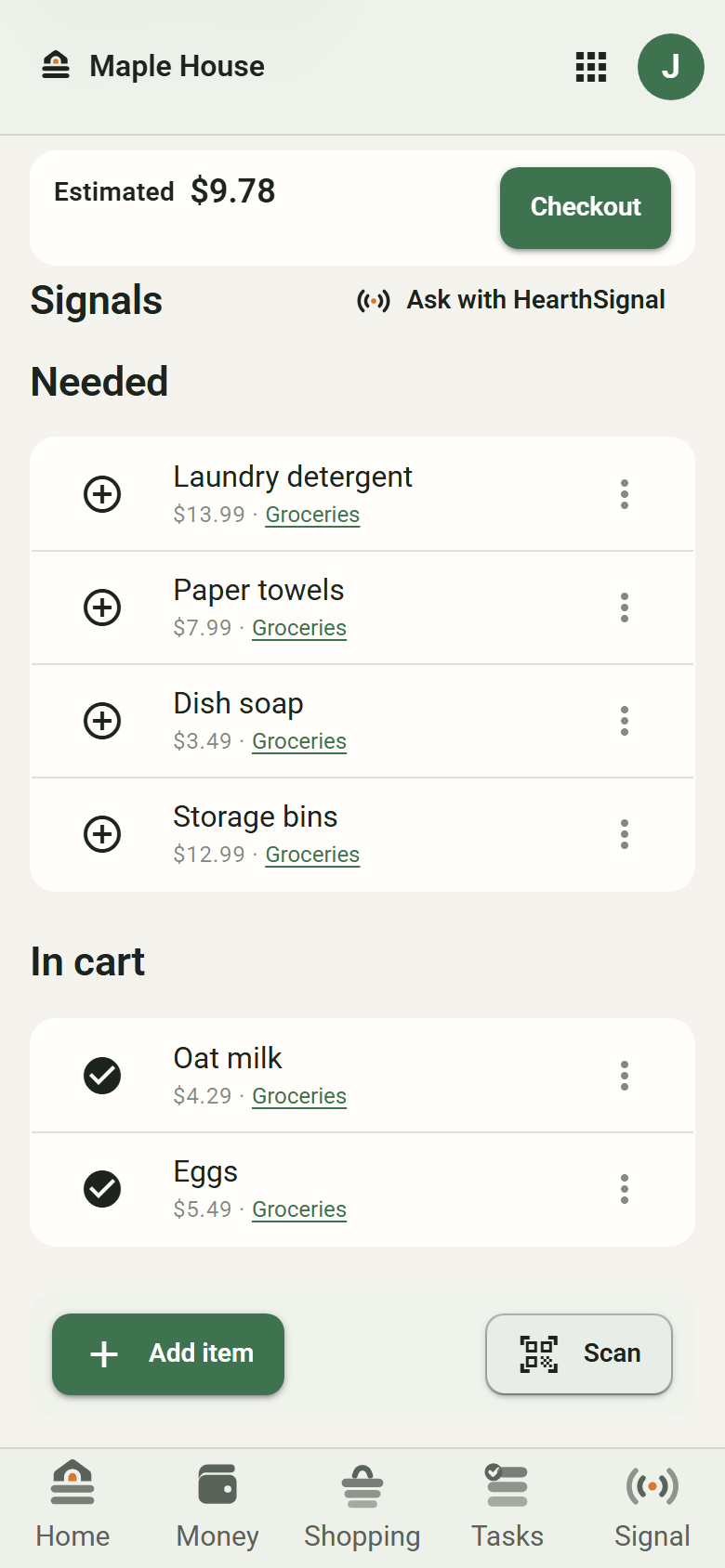 HearthRun showing estimated spend, items still needed, items in the cart, and HearthSignal access